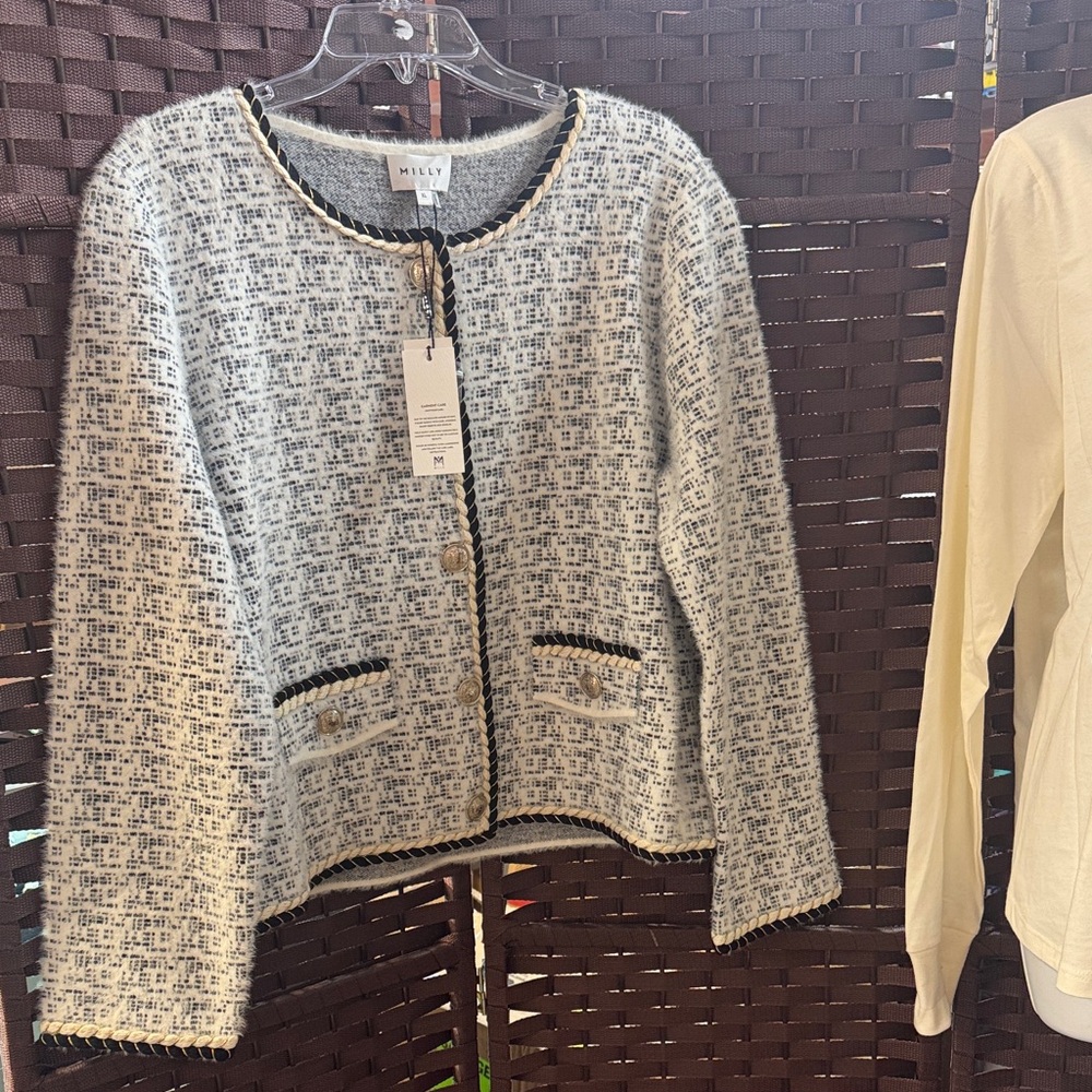 Milly Monochrome Tweed Jacket with Gold Accents